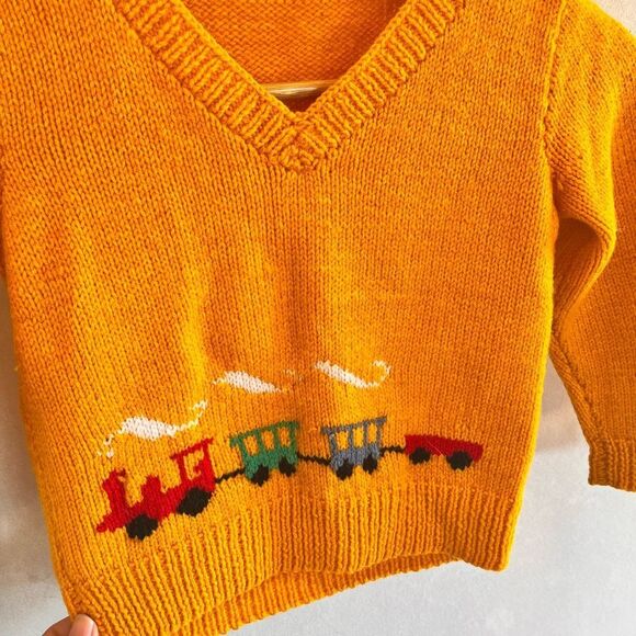 Vintage handmade Yellow Knit Sweater with Train Design - Picture 3 of 11